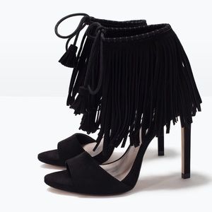 Zara Black Suede Lace Up There Fringe Heel